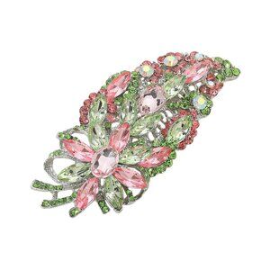 Tigerstars Pink Green Glass Stone Cluster Embellished Leaf Pin Brooch